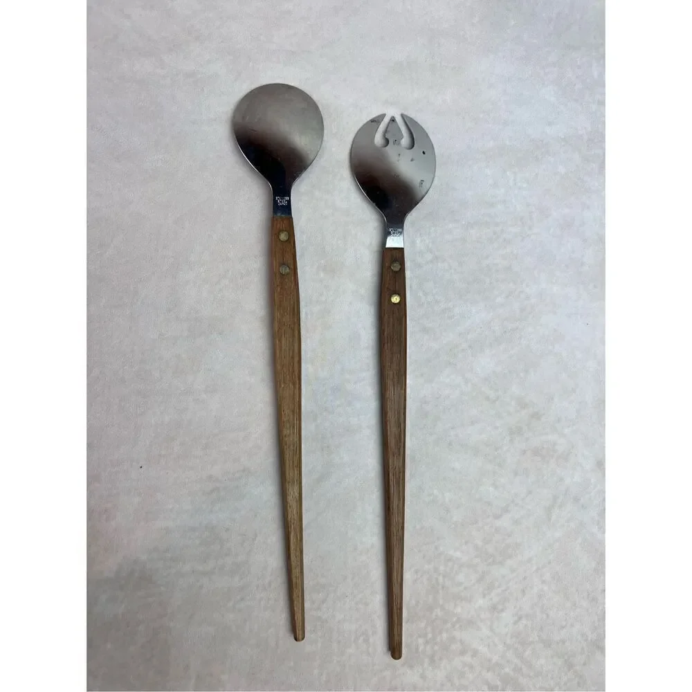 Vintage 1970s Stainless Steel Salad Fork Spoon Wood Handle Mid Century Modern Ja